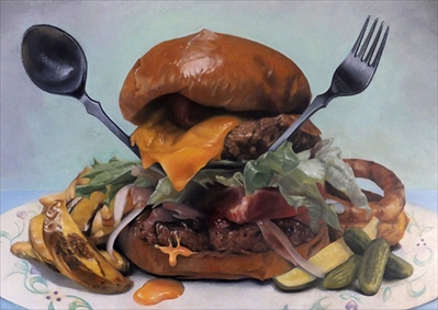 T-jun《ハンバーガー》　21×29.7cm　油彩、木パネル