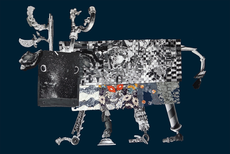 チヒロボ《ぬのうし》 61×91cm 紙、インク、布